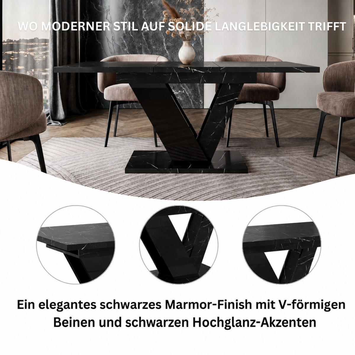 ESSTISCH Ausziehbar 120-160 cm Schwarz Marmor-Optik - Schwarz, Holzwerkstoff (160/80/75cm) - Home Collective