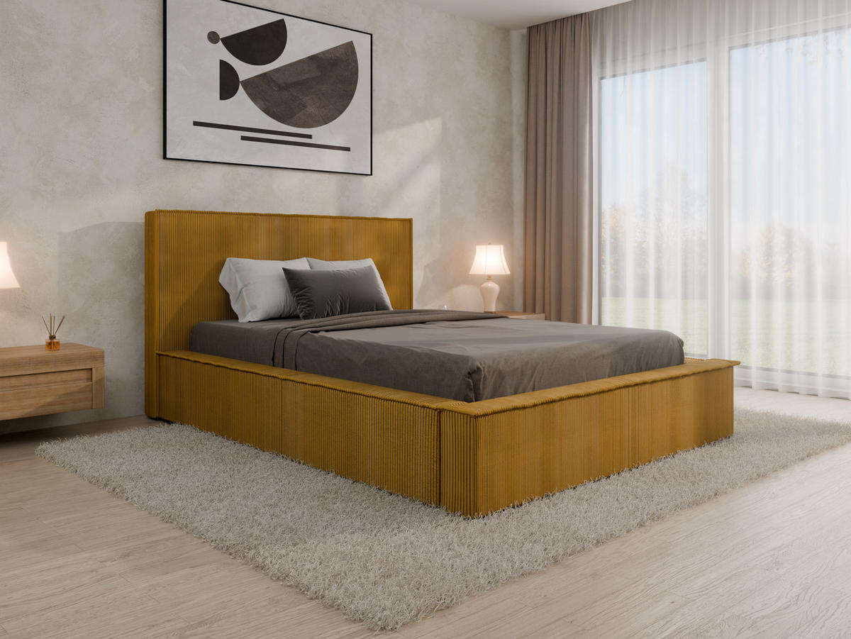 POLSTERBETT SANA 140x200cm Elegantes Polsterbett für modernen Wohnstil , 7-Zonen-Taschenfederkernmatratze mit kokos ARLAN (21 cm), Currygelb - Currygelb, Holz (140/200cm) - Panda Möbel