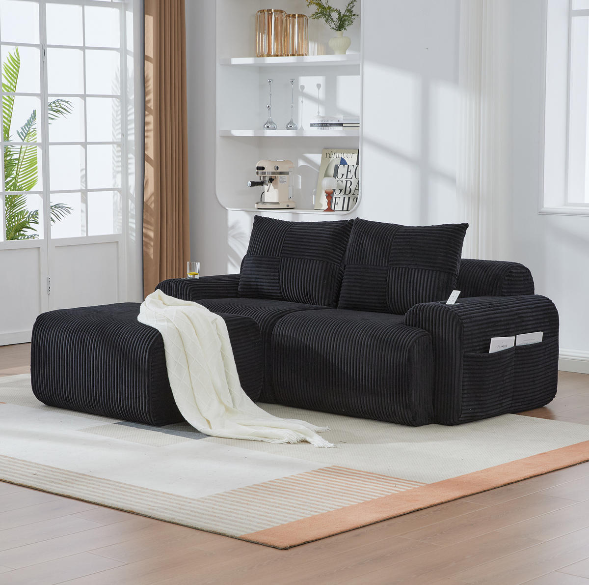 SOFA modular 200 x 174 cm Corduroy Black mit Cupholder - Schwarz, Kunststoff (174/200cm) - Meubliv