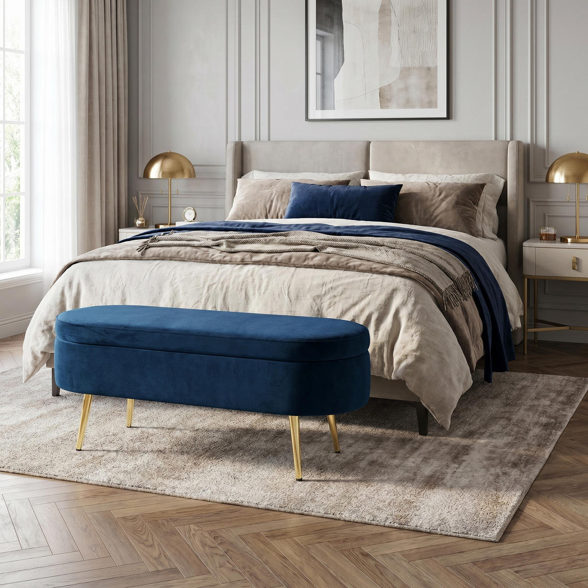 AUFBEWAHRUNGSTRUHE velvet & gold 110 cm - Dunkelblau, Textil (110/42/40cm) - Urban Meuble