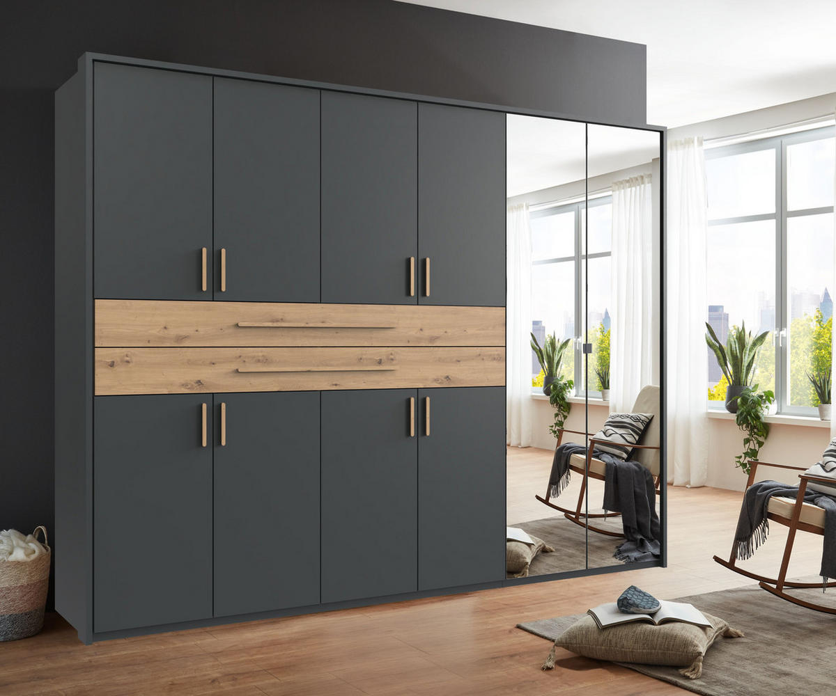 SKŘÍŇ S OTOČNÝMI DVEŘMI B273/H210/T58 cm v barvě grafit, šatní skříň s paspartou, 2 zrcadly, 2 zásuvkami a úchytkami v dekoru dub Artisan / 22652 - grafitová/dub artisan, kompozitní dřevo/plast (273/210/58cm) - luma-home