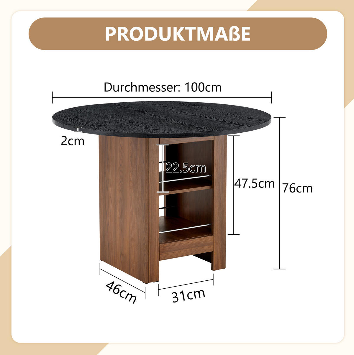 JÍDELNÍ stůl 100/100/76 cm ořechová/černá z MDF s úložnými policemi - černá, kompozitní dřevo (100/100/76cm) - OKWISH