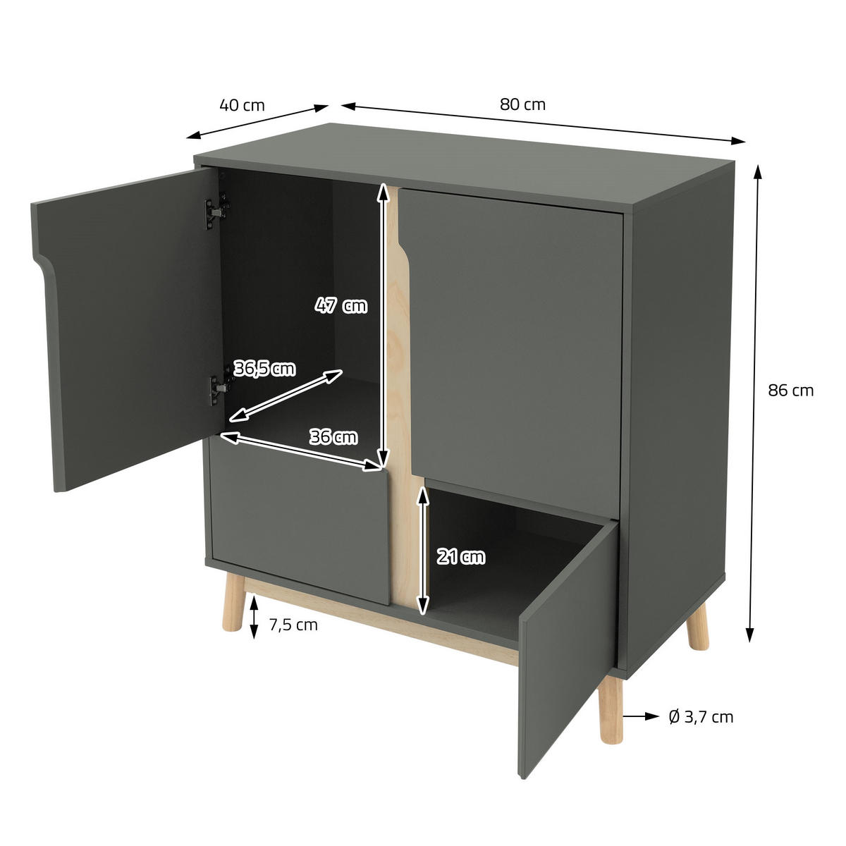 SIDEBOARD - Grau, Holz (40/86/80cm) - ML-DESIGN