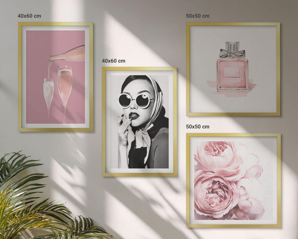 BILDER SET 4er Set - 50x50 cm & 40x60 cm Goldrahmen - Stilvolle pinkfarbene Accessoires - Goldfarben, Kunststoff (50/50cm) - TULUP