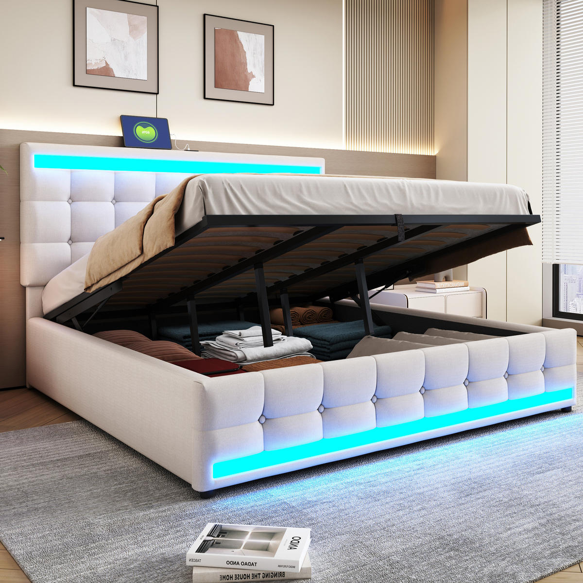 ČALOUNĚNÁ postel 180/200 cm, béžová, lněný vzhled, s LED osvětlením a USB - béžová, textil (180/200cm) - BEAOK