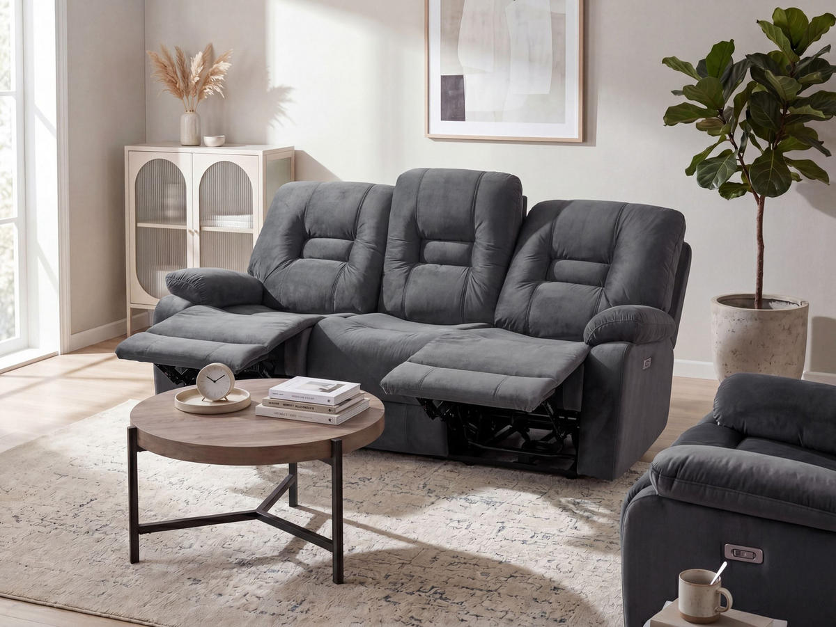 SOFA elektrisch verstellbar 3-Sitzer Samtstoff Dunkelgrau Bergen - Dunkelgrau/Grau, Textil (202/101/72cm) - Beliani