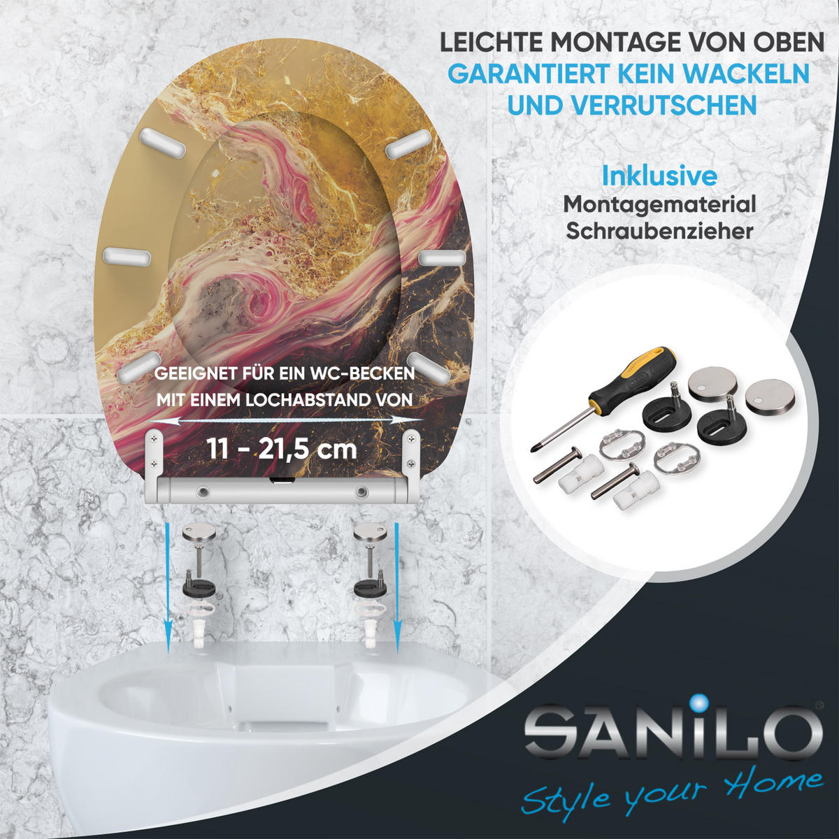 WC-SITZ mit Absenkautomatik & Top Fix Brillante - Goldfarben, Holzwerkstoff (37.7/5.5/48cm) - Sanilo