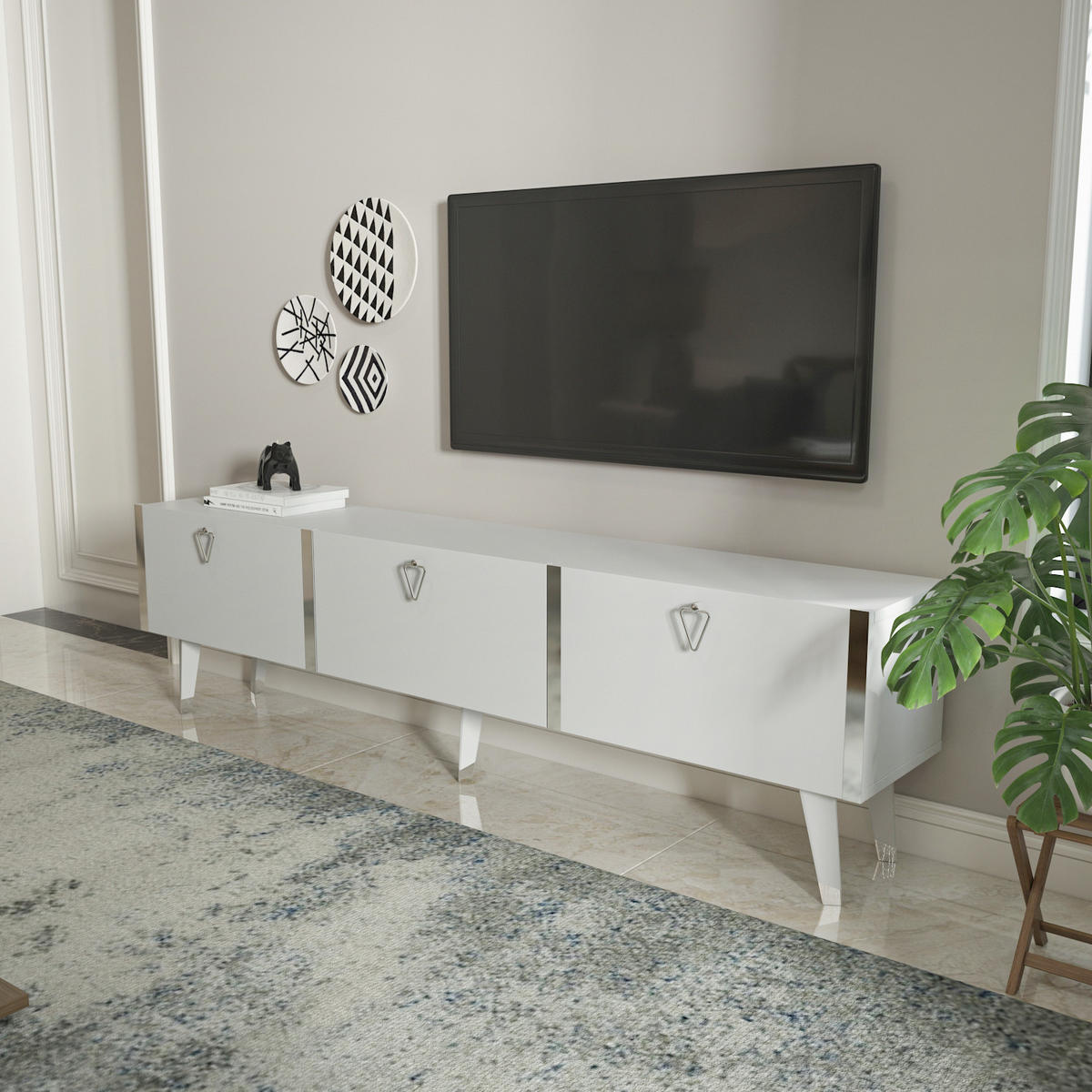 TV Stand Milagro Hochglanz Weiß Silber - Weiß, Holzwerkstoff (31.3/49.3/180cm) - Decorotika