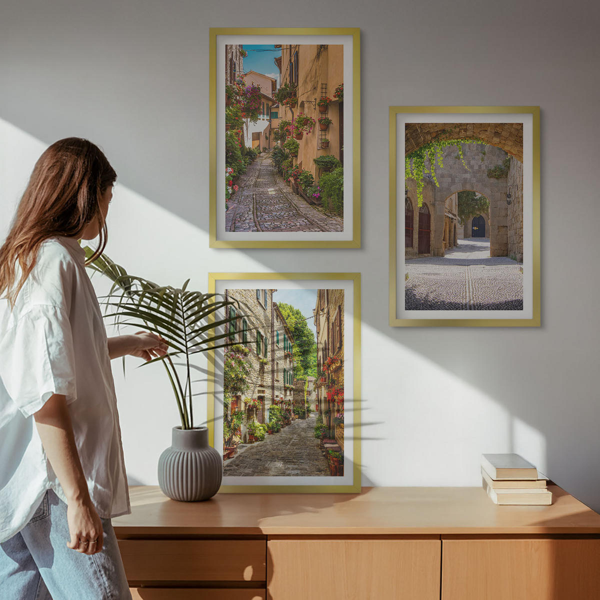 BILDER SET 3er Set - 40x60 cm Goldrahmen - Italienische Straßen, Blumen, Architektur - Goldfarben, Kunststoff (40/60cm) - TULUP