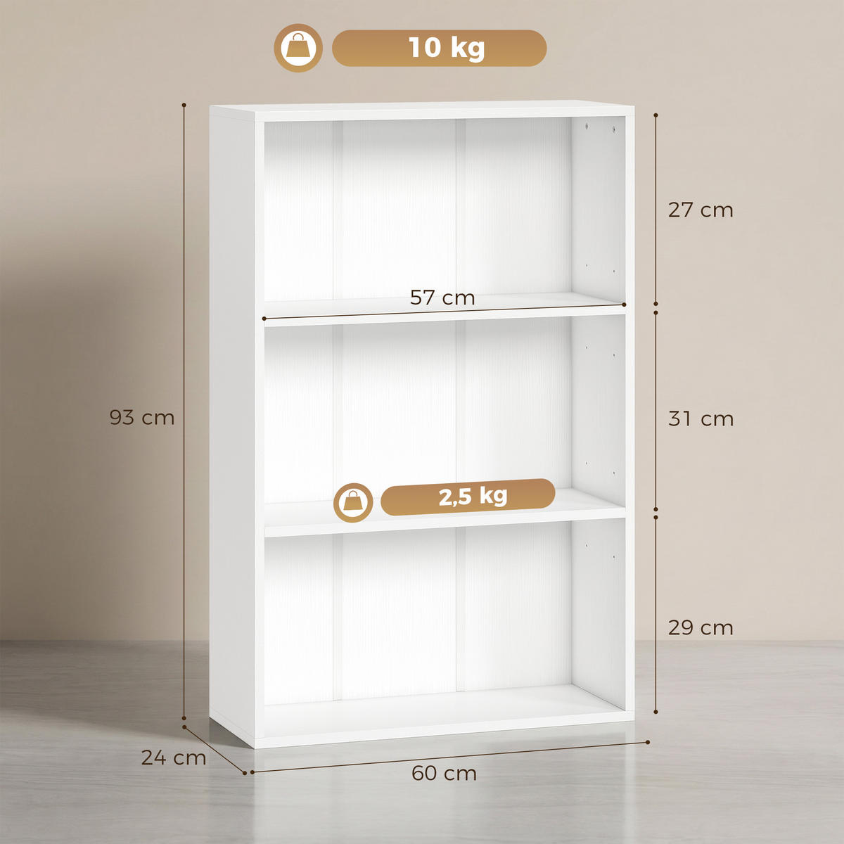 BÜCHERREGAL,3 Fächer verstellbarer Boden 60x24x93cm,weiß - Weiß, Holzwerkstoff (60/93/24cm) - Vallsero