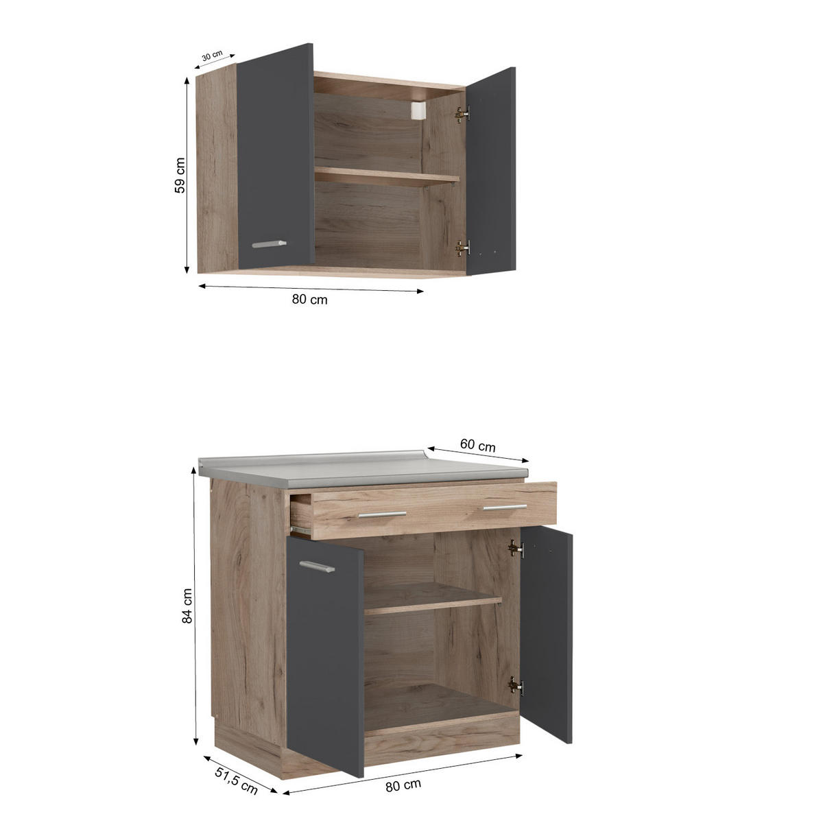 KÜCHENLEERBLOCK 80 cm in Anthrazit - Silberfarben/Grau, Holz (80/206/60cm) - Homestyle4u