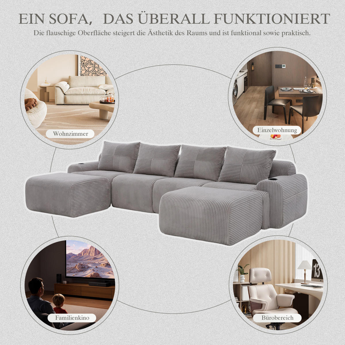 WOHNLANDSCHAFT Modulares 4-Sitzer-Sofa 333/174/80 cm hellgrau aus Cord mit 2 Hockern, Cupholder und Seitentasche - Hellgrau, Textil (174/80/333cm) - Modenvie