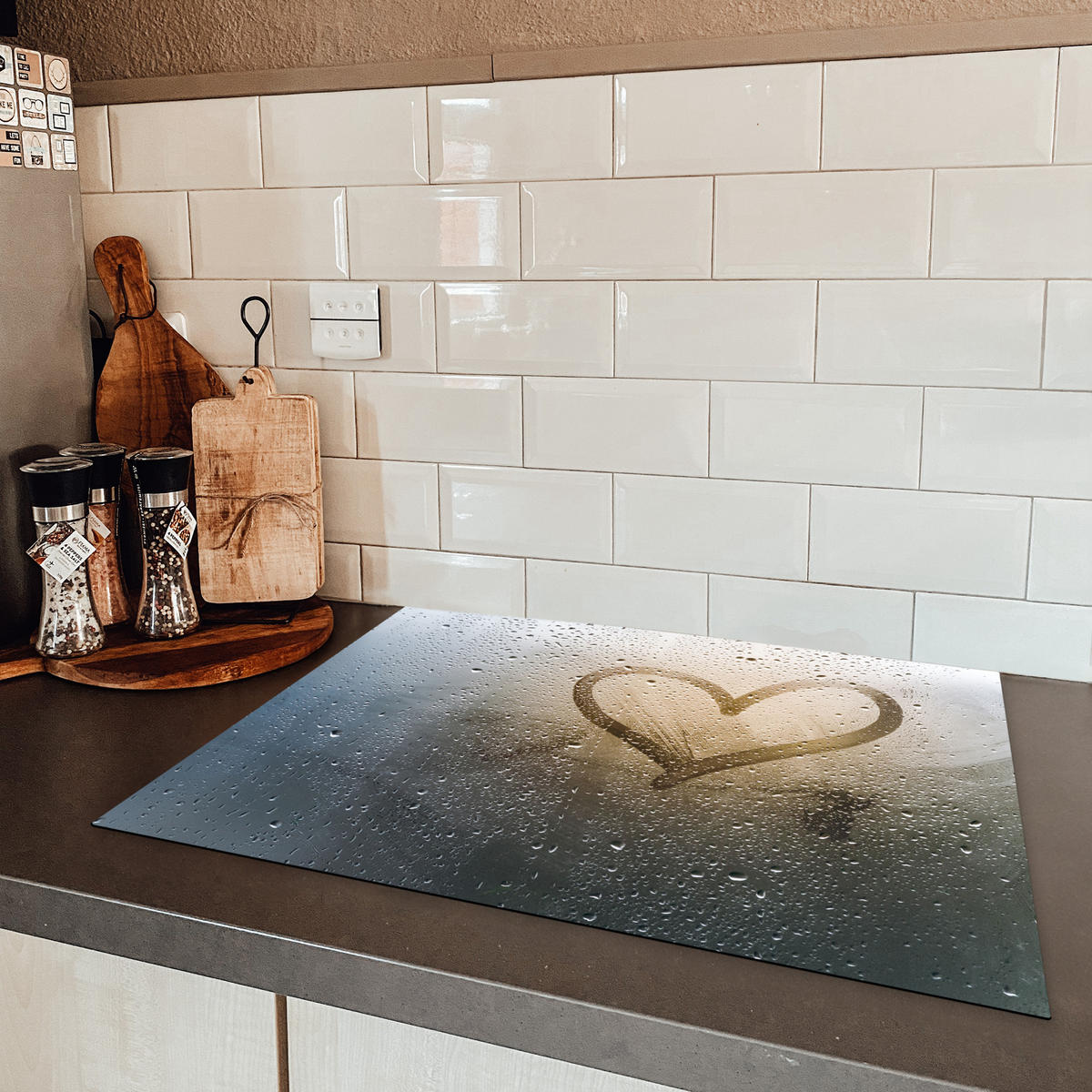 HERDABDECKPLATTE Herz - Kondenswasser - Wasser - 3D Induktionsmatte 71x52 cm - Grau, Kunststoff (71/52/0.2cm) - MuchoWow