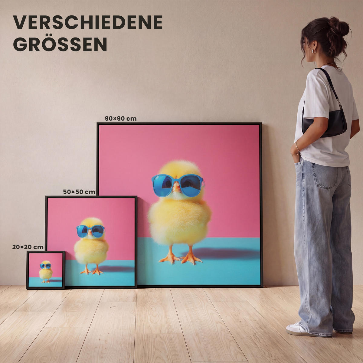 LEINWAND Bilder mit Rahmen - Chick - Sonnenbrille - Blau - 50x50 - Pink, Textil (50/50cm) - MuchoWow