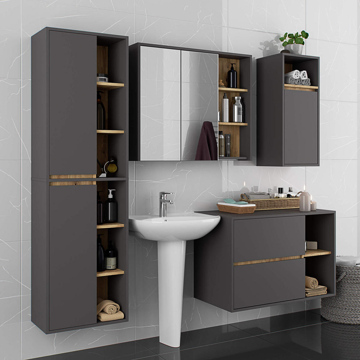 BAD HOCHSCHRANK Vami Grau, Eiche Artisan - Eiche Artisan/Grau, Holzwerkstoff (50/170/30cm) - Akord