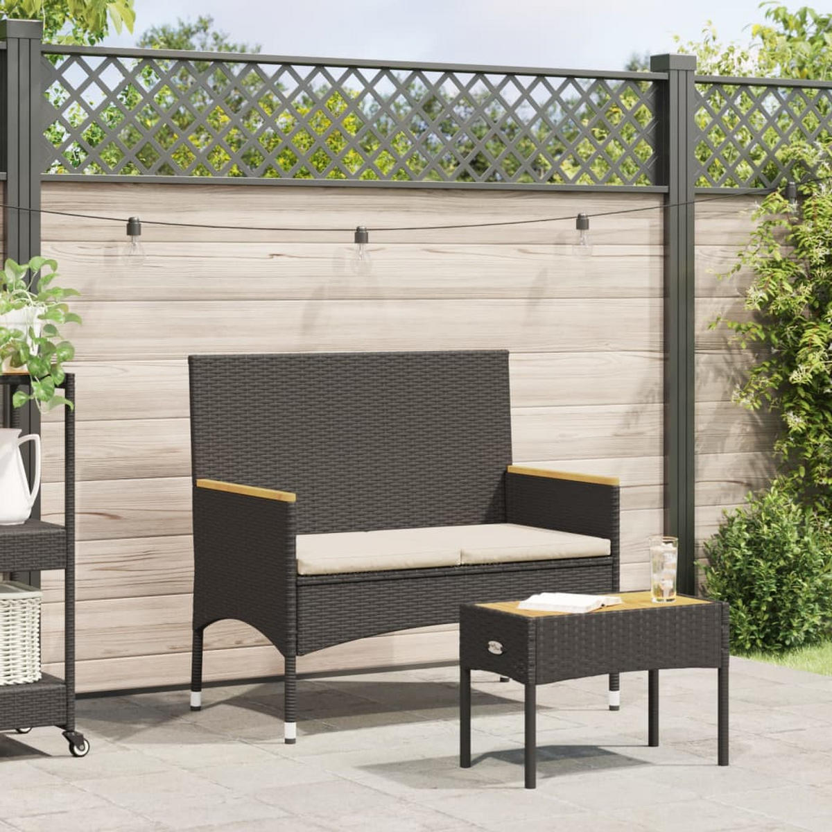 GARTENBANK 2-Sitzer mit Kissen und Tisch Schwarz Poly - Schwarz, Kunststoff (90/85/90cm)