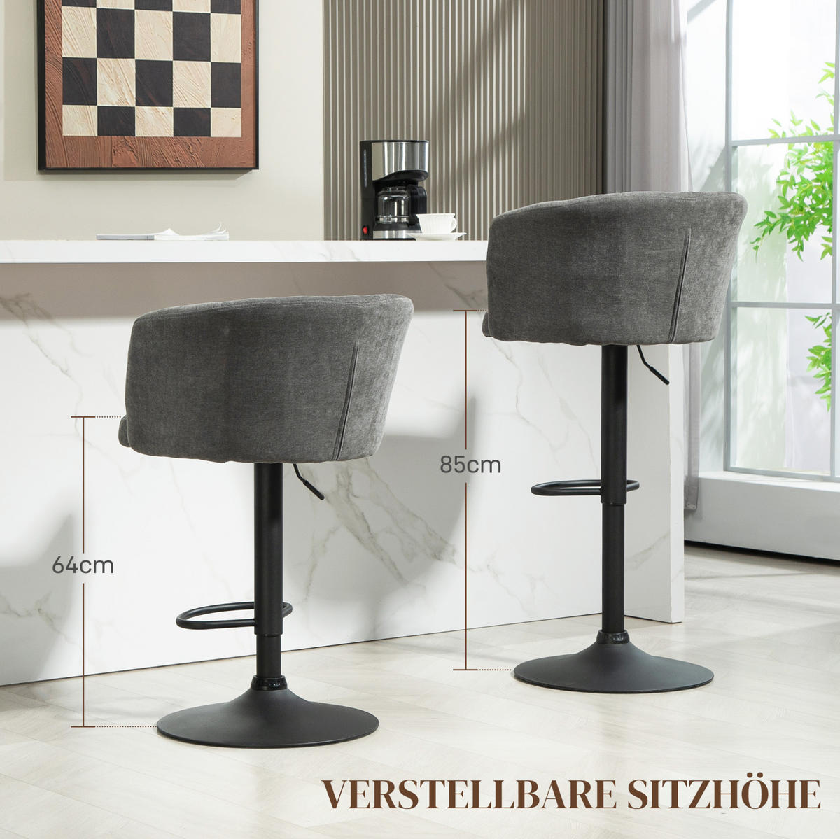 BARHOCKER 2er-Set höhenverstellbar 64-85 cm Polyester Dunkelgrau - Dunkelgrau, Metall (53/110/59cm) - Meubliv