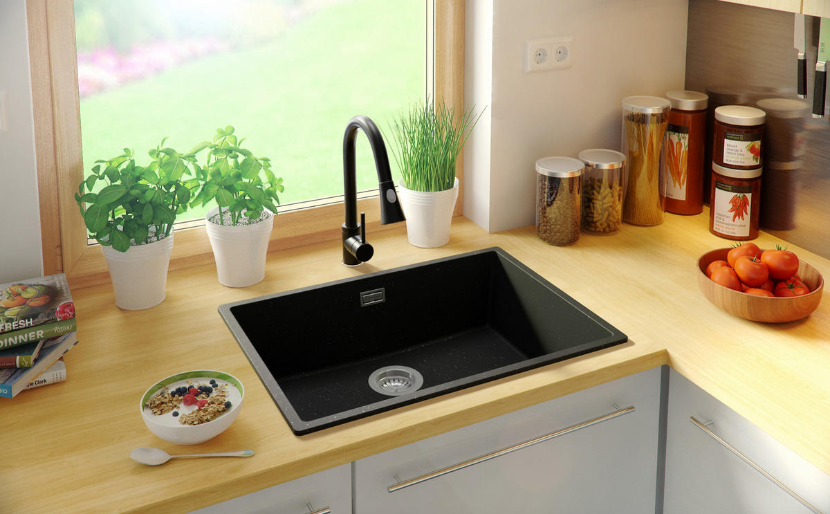 SPÜLBECKEN London Slim, 2-er set Schwarz Metallic 66/47 cm 1 Becken + Ablauf-Set ab 70er Unterschrank - Chromfarben/Schwarz Hochglanz, Kunststoff (66/20/47cm) - Primagran