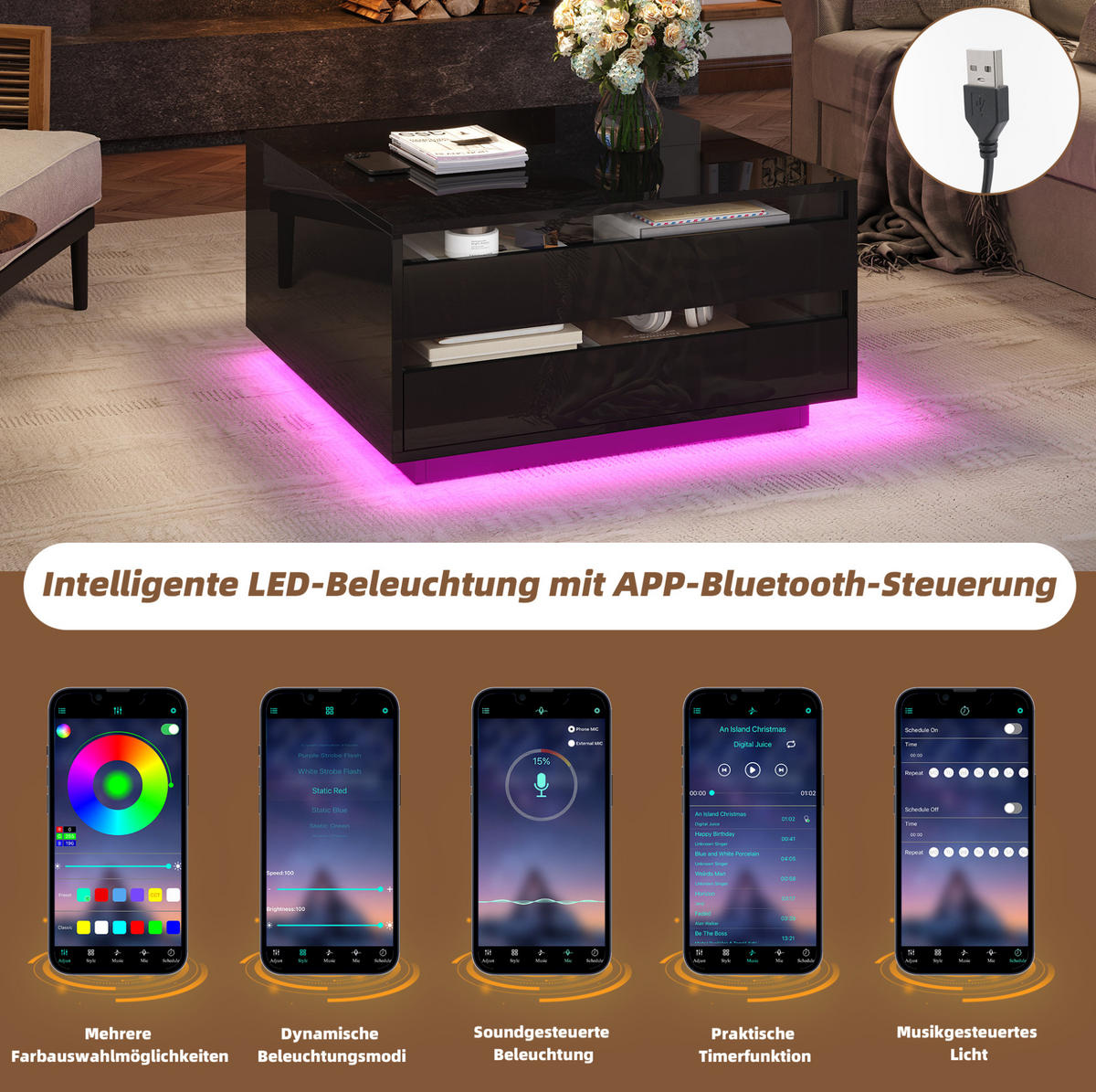 COUCHTISCH aus Spanplatte 70x70x38 cm in Schwarz mit LED & Stauraum - Schwarz, Holzwerkstoff (70/70/38cm) - Modfu
