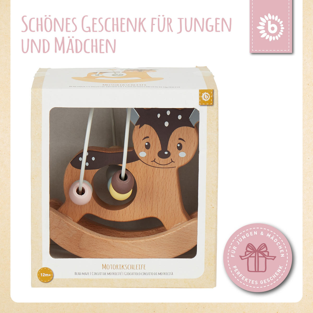 MOTORIKSCHLEIFE Reh mit Wippe - ab 12 Mo - Multicolor, Holz (12/14.6cm) - Bieco Spielwaren