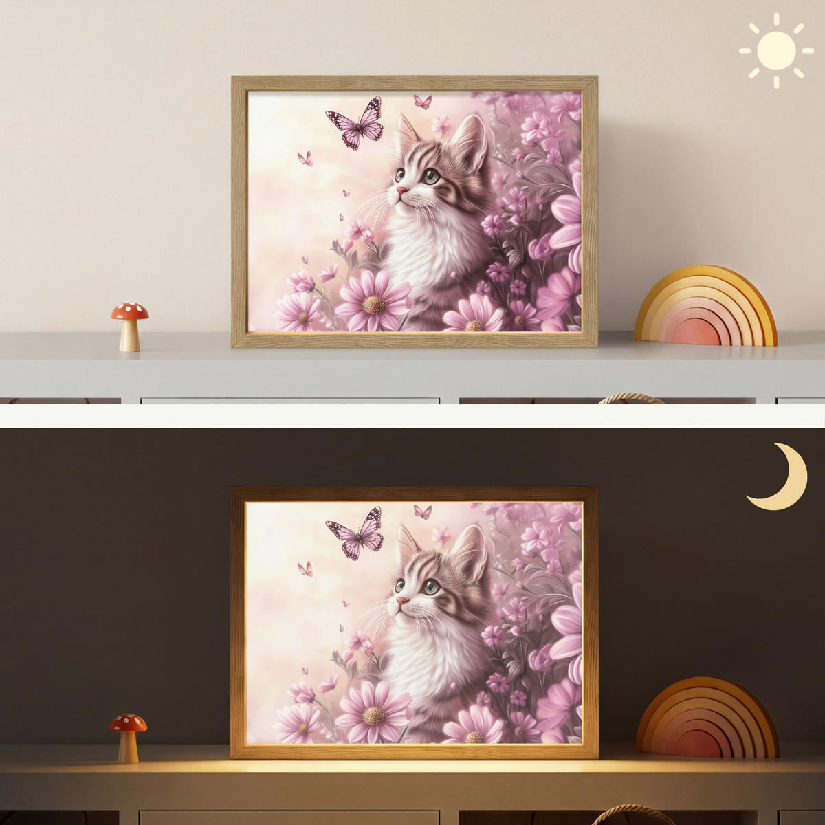 NÁSTĚNNÁ LAMPA S AKUMULÁTOREM Koťátko - Květiny - Motýli - Fialová 40x30 cm - starorůžová, kompozitní dřevo (40/30/8cm) - OnlyWow