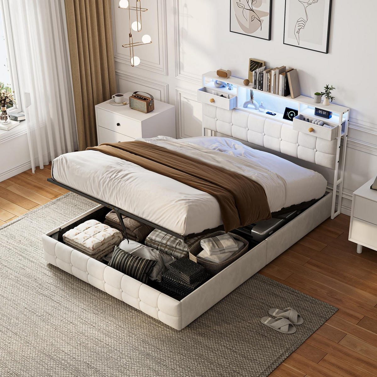 BETT mit hydraulischem Bettkasten, 140/200 cm, mit Samtbezug, LED-Beleuchtung und USB-Anschlüssen, Beige - Beige, Textil/Metall (140/200cm) - Waldena