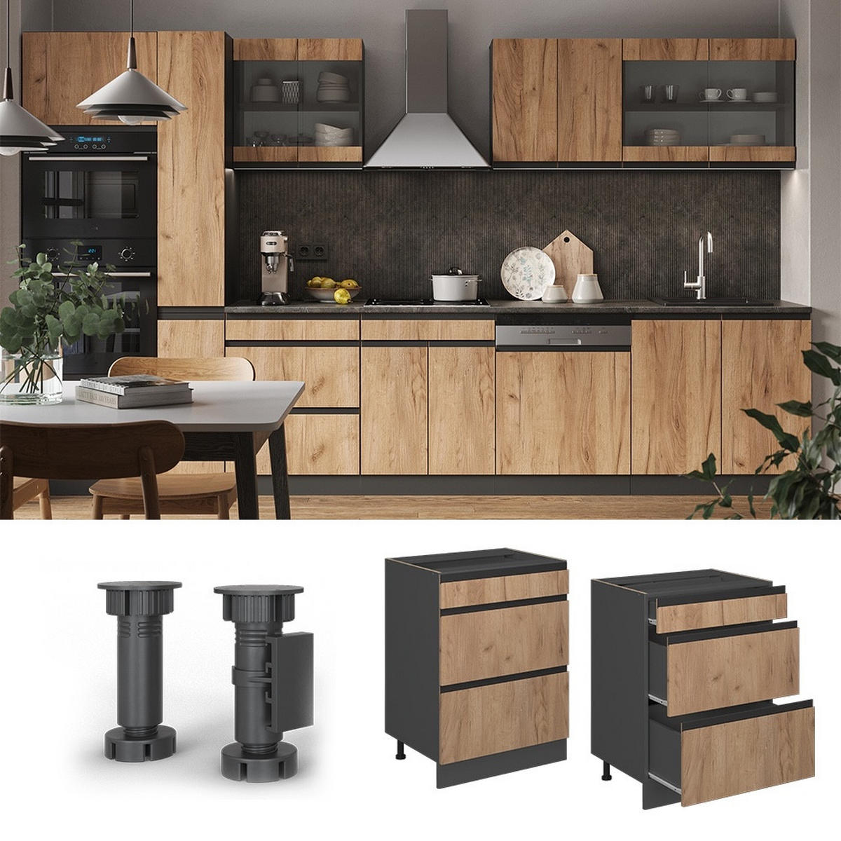 KUHINJSKI DONJI ORMAR S LADICAMA R-Line Hrast zlatnog tona 60 cm J-Shape s ladicama, RP antracit - hrast medunac/antracit, drvni materijal (60/81.6/60cm) - Vicco