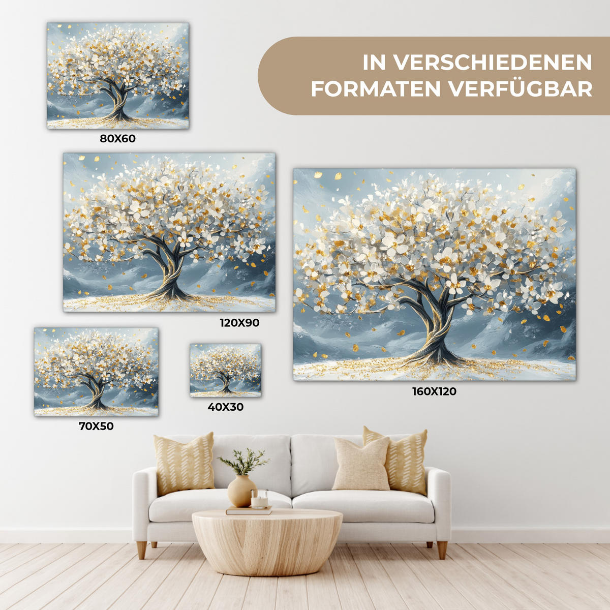 LEINWANDBILD Baum - Winter - Baum des Lebens - Modern - Gold Wandbilder 80x60 cm - Goldfarben, Textil (80/60cm) - MuchoWow