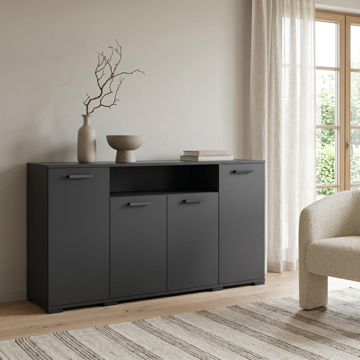 KOMMODE ALBANO 160/83/40cm mit 4 Schubladen Türen Schwarz - Schwarz, Holzwerkstoff (160/83/40cm) - MASSENO