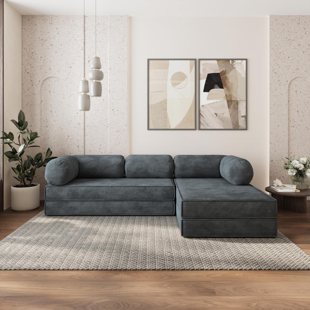 ROHOVÁ SEDAČKA ETERA modulární Boneless pohovka s funkcí spaní, grafitová POSO 34 - tmavě šedá, textil (270/160cm) - MASSENO