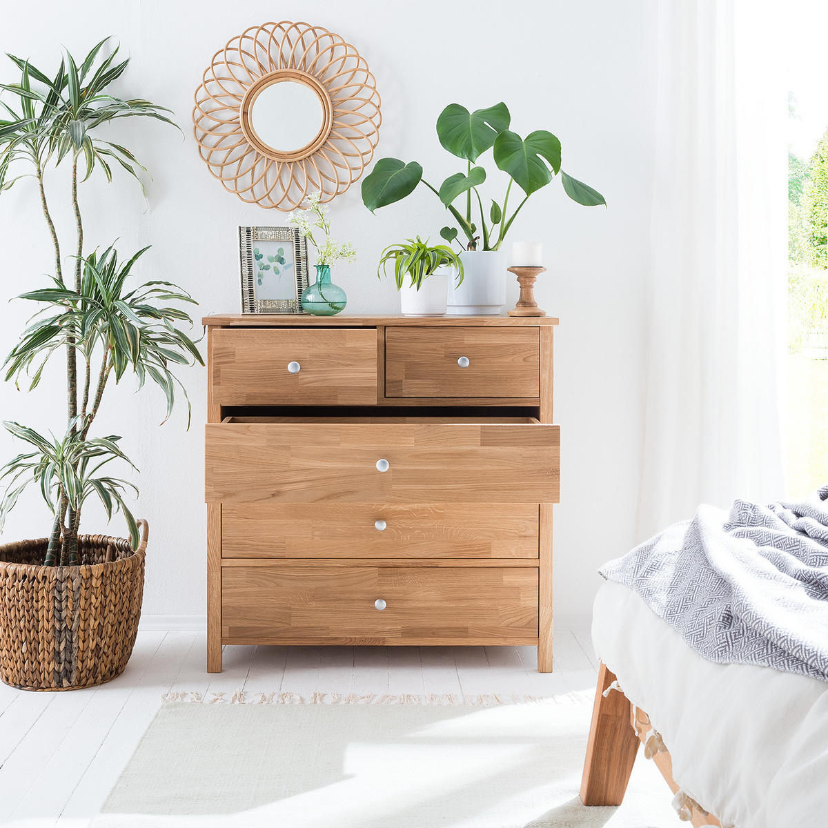 KOMMODE - Eiche massiv - Eichefarben, Holz (90/90/40cm) - home24