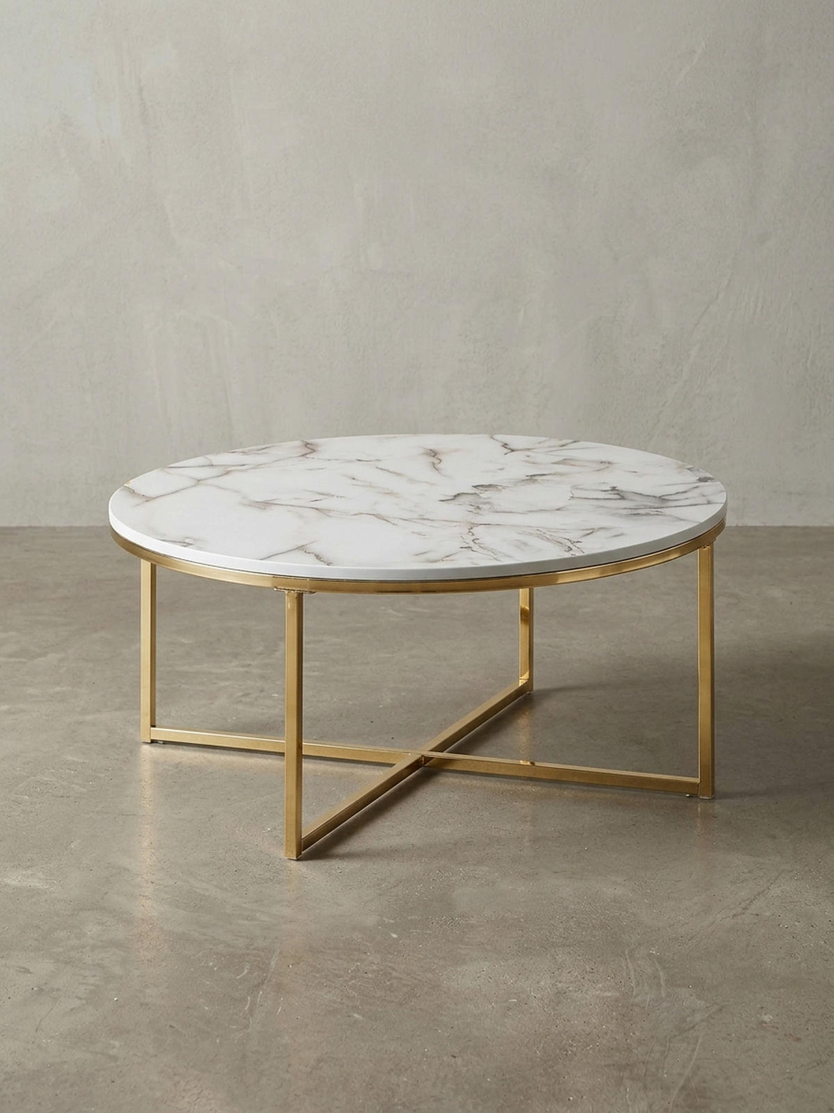 COUCHTISCH mit Marmor-Optik und Hochglanz-Finish, rund, Weiß 80x80x35 cm - Goldfarben/Weiß, Holz/Metall (80/80/35cm) - KADIMA DESIGN