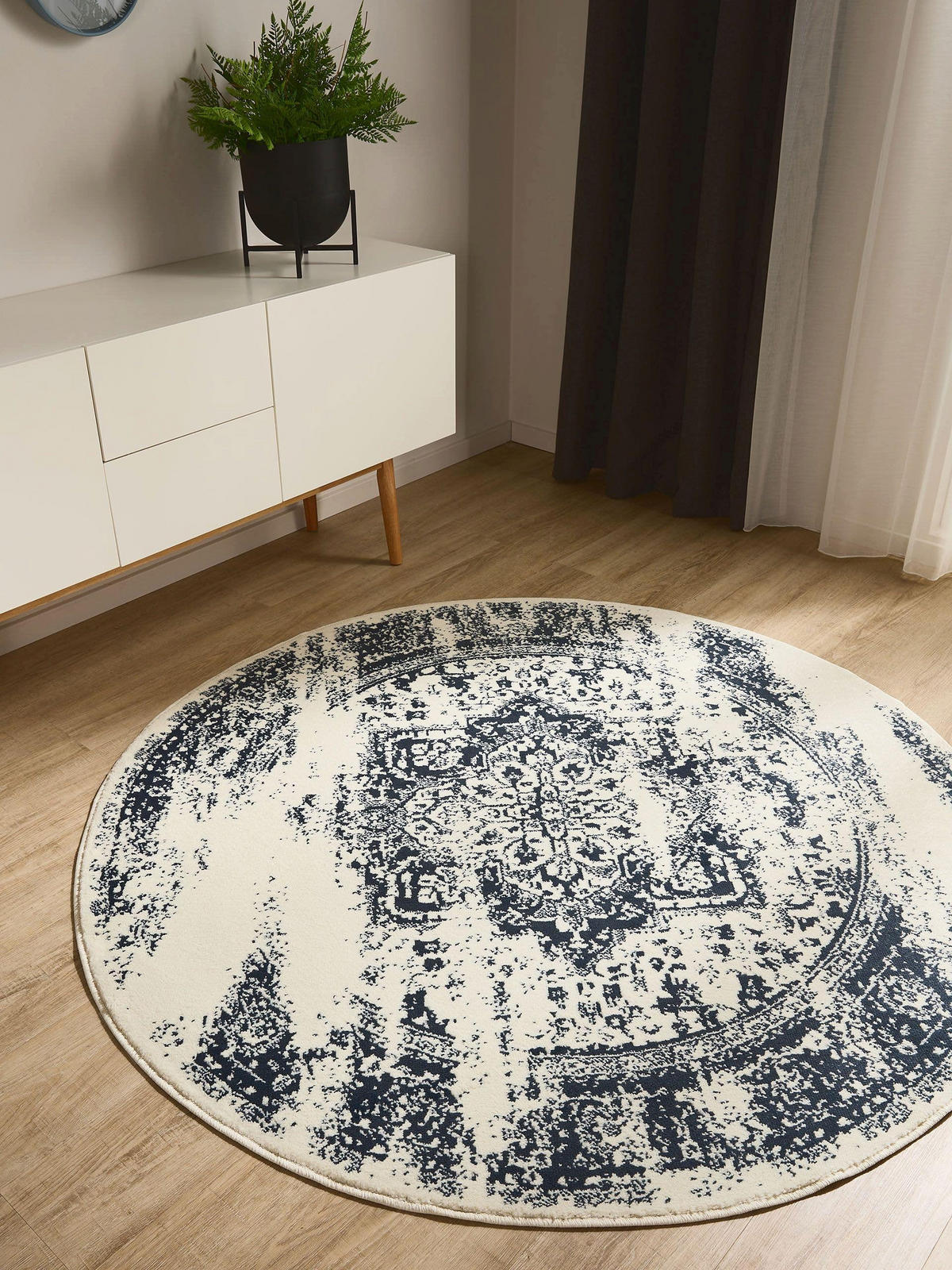 VINTAGE-TEPPICH Suki ø 160 cm rund - Blau/Creme, Kunststoff (160/160cm) - benuta
