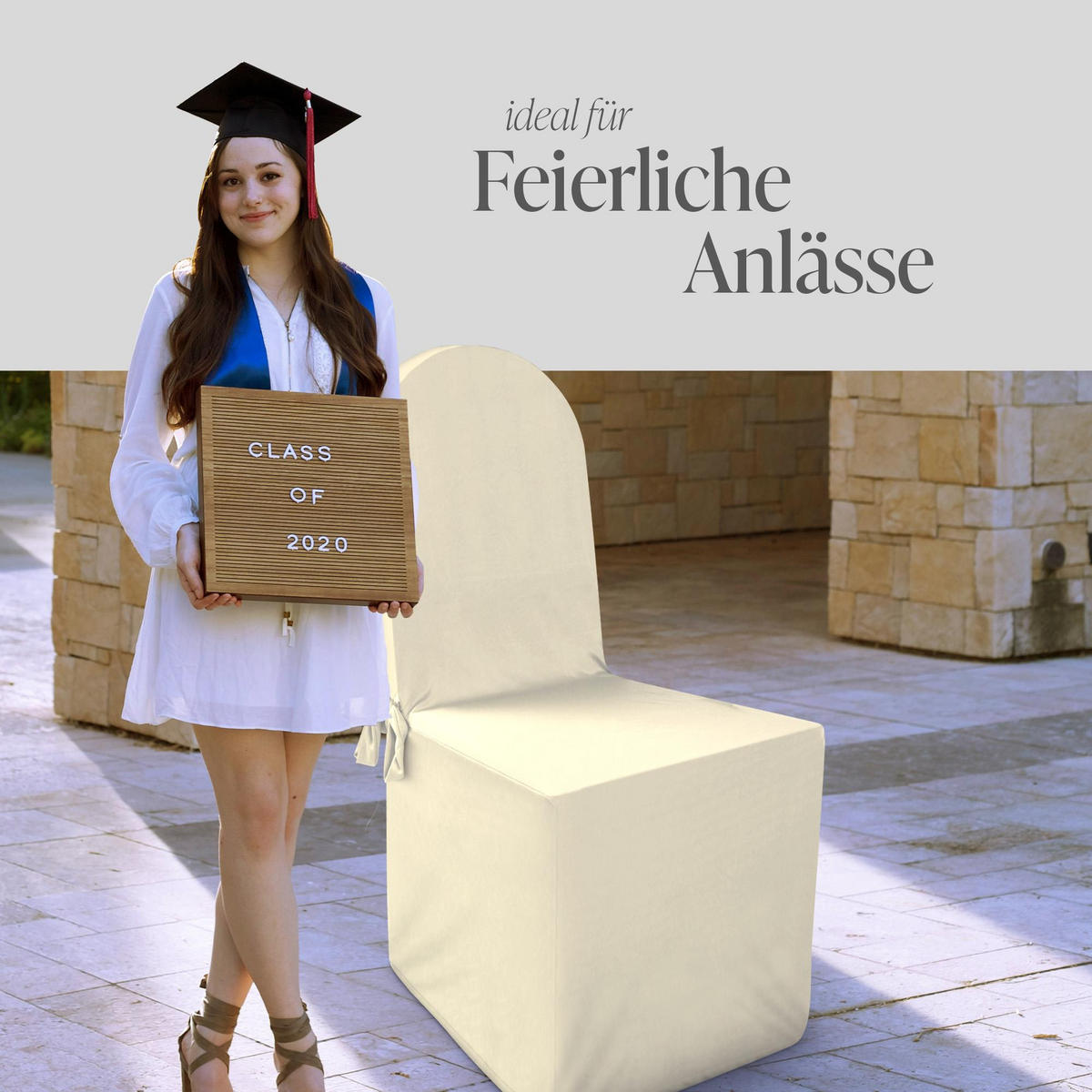 BESTLIVINGS Stuhlhusse - runde Stuhllehnen - Stretchhusse ( 45 cm x 96 cm ) elastische Bankett Stuhlbezug Universal Husse - Sitzbezug Spandex Creme - Creme, Textil (45/96cm) - Bestlivings