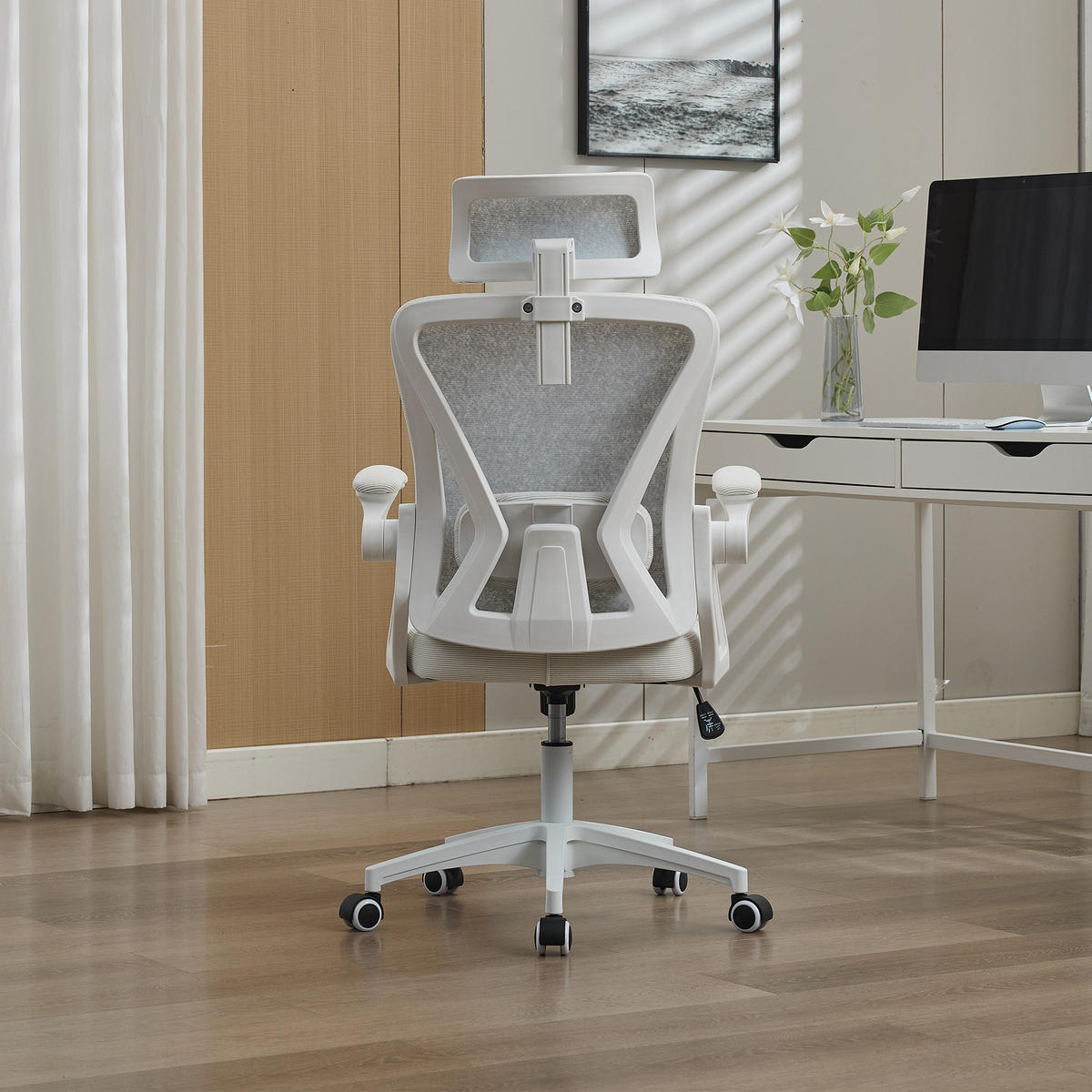 DREHSTÜHLE ergonomisch Netz Lendenstütze Kopfstütze Schwarz - Weiß, Metall (65/108/58cm) - SHOPENTRA