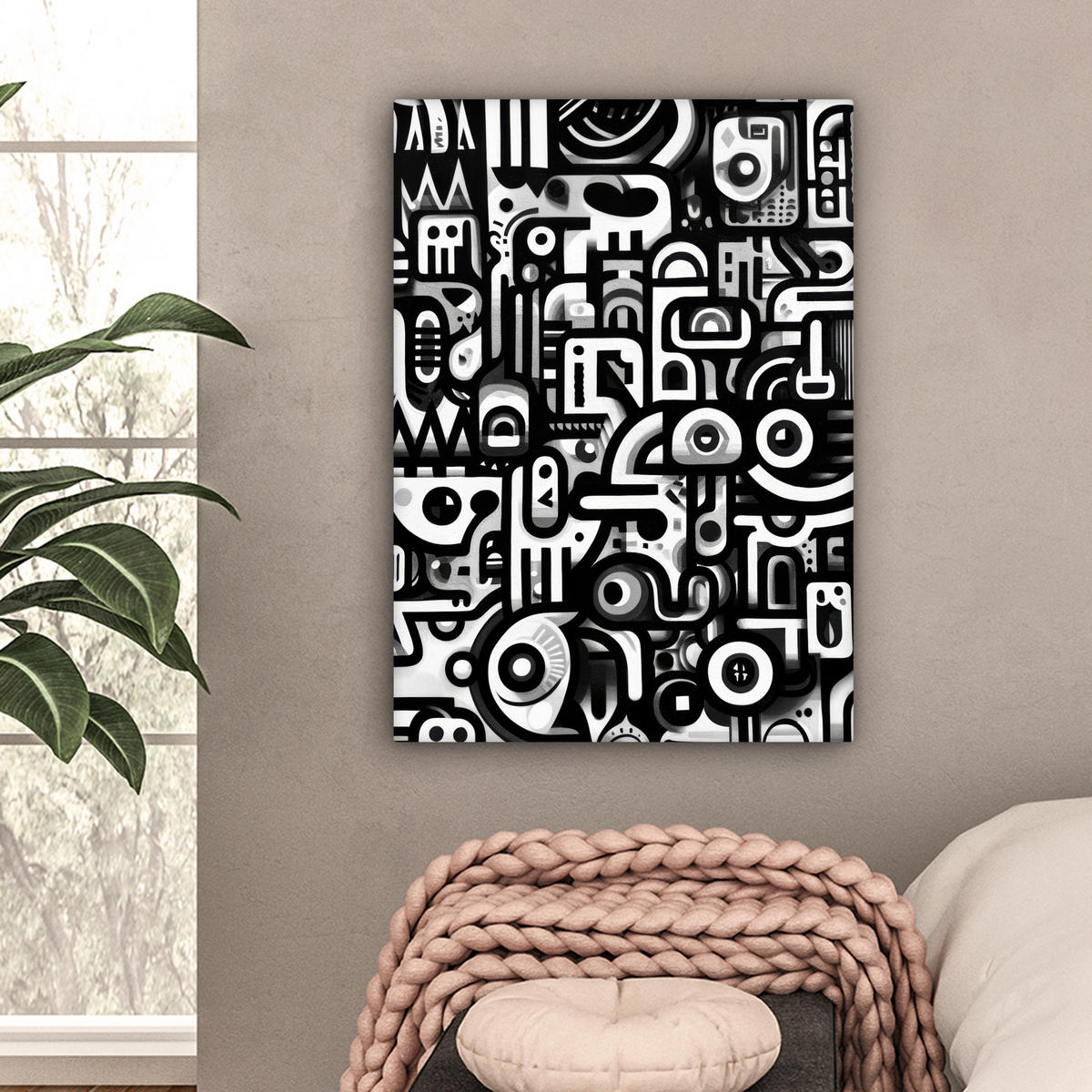 LEINWANDBILD Symbole - Abstrakt - Grafik - Schwarz Wandbild Wohnzimmer 60x80 cm - Schwarz, Textil (60/80cm) - MuchoWow