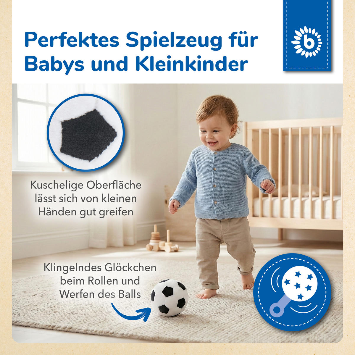 SOFTBALL Fußball mit Rassel Ø 10 cm Stoffball Baby mit Rassel weicher Plüschball kleiner Greifball Baby Sp - Weiß, Textil (10/10cm) - Bieco Spielwaren