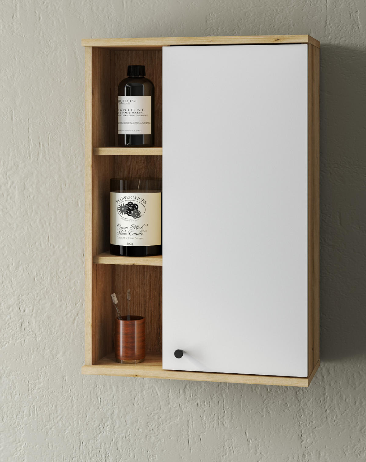 BAD-HÄNGESCHRANK weiß, Evoke Eiche, Badschrank hängend, 51 x 75 cm - Eichefarben/Schwarz, Holzwerkstoff/Kunststoff (51/75/21cm) - Furn.Design