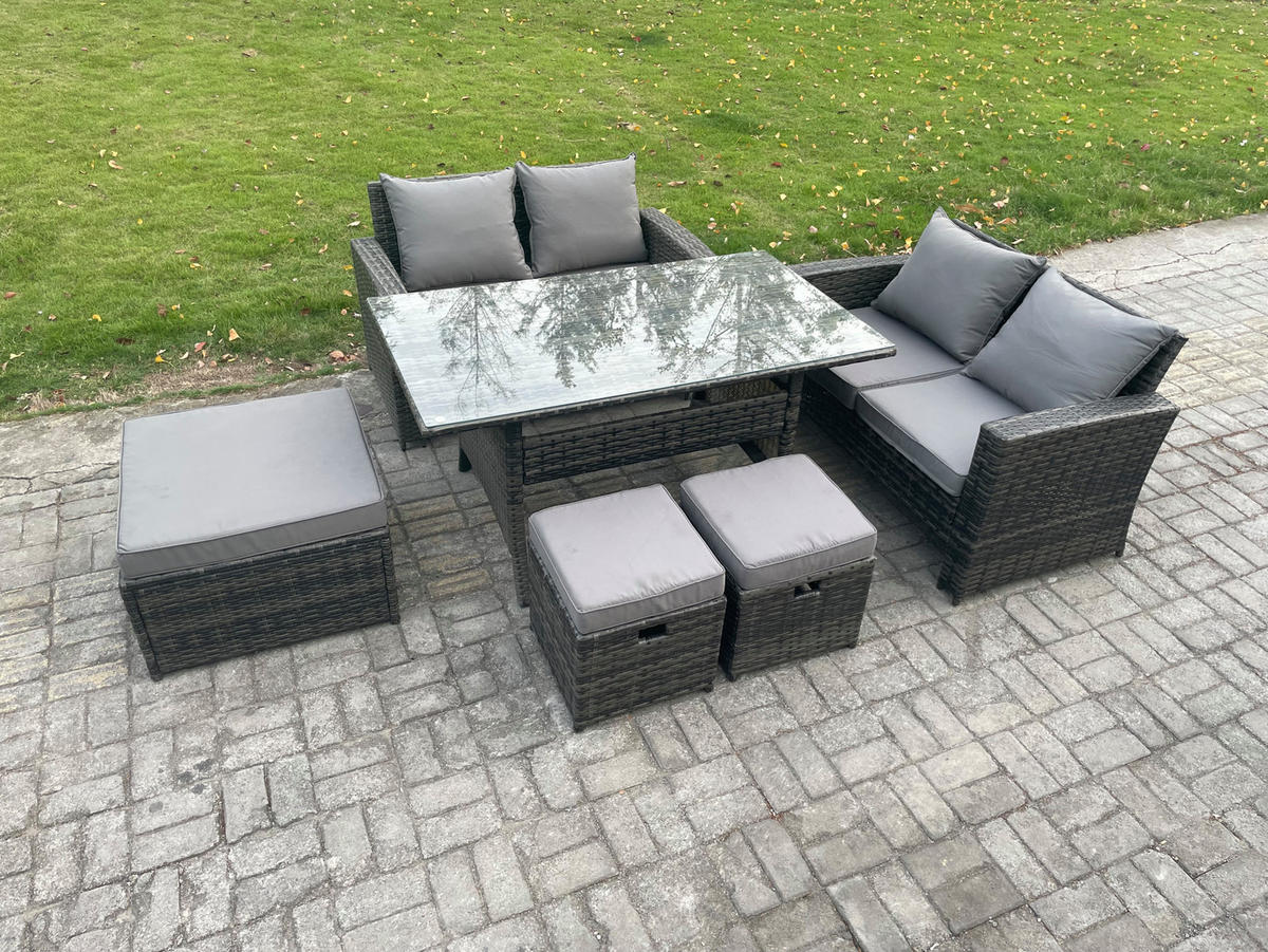 BALKONMÖBEL-SETS mit 2-Sitzer Sofa,3 Fußhocker,Esstisch Polyrattan Dunkelgrau 7-Sitzer - Dunkelgrau/Grau, Glas/Kunststoff - Fimous