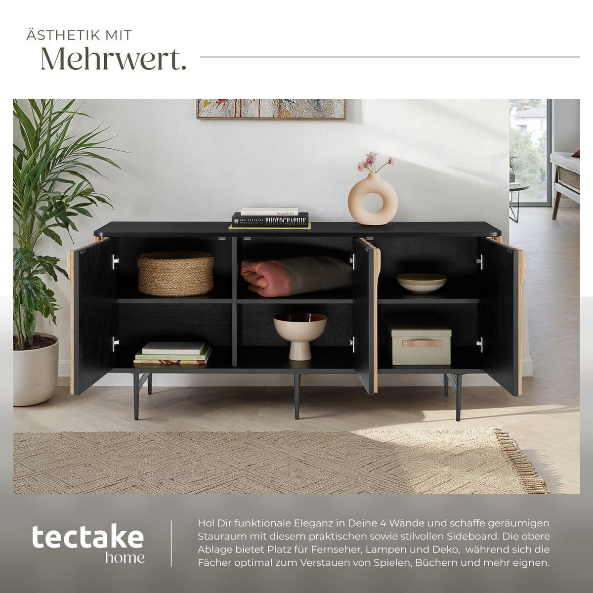 SIDEBOARD Lineo,156 x 45,5 x 74 cm, höhenverstellbare Füße,schwarz/braun - Schwarz/Braun, Holz (156/74/45.5cm) - tectake
