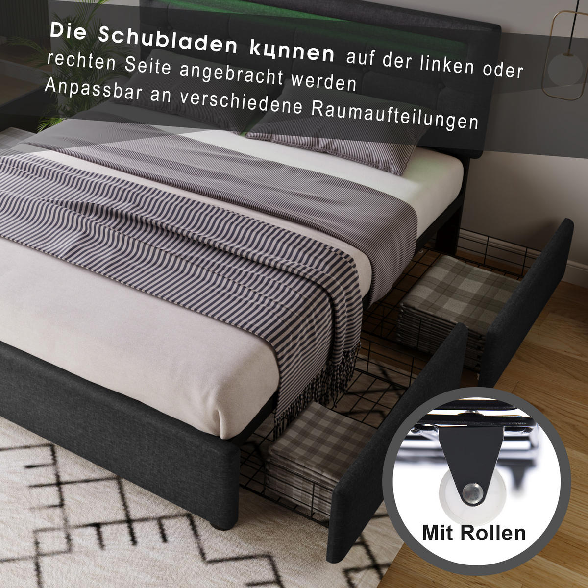 POLSTERBETT 140/200 cm in Grau Leinen mit 4 Schubladen, LED und verstellbarem Kopfteil - Grau, Holzwerkstoff/Textil (140/200cm) - WISHDOR