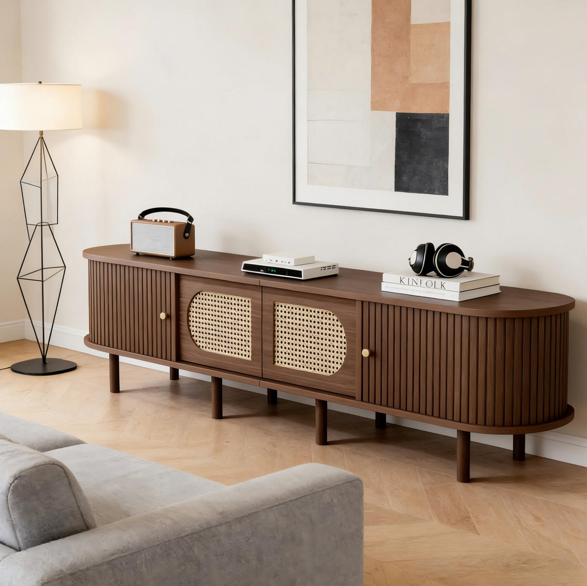 TV stolek z MDF 180x40x40 cm tmavý dub se 2 dvířky, 2 roletovými dvířky a ratanovým dekorem - hnědá, kompozitní dřevo (180/40/40cm) - Modfu