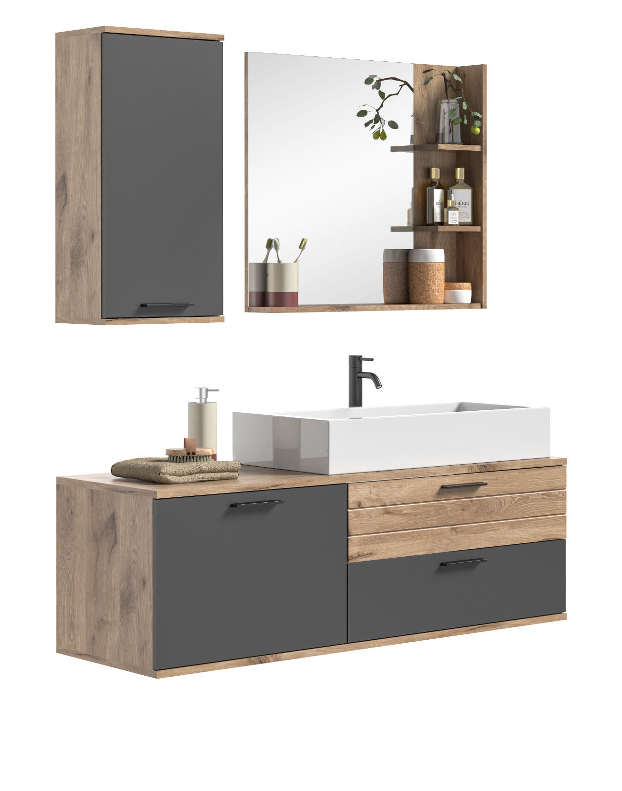 BADMÖBEL-SET Eiche grau 4-teilig 140 cm inkl. Waschbecken, Soft-Close - Eichefarben/Grau, Glas/Keramik (140/152/46cm) - Inn.Furn