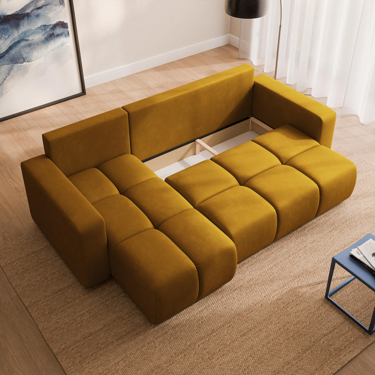 ECKSOFA RAMIL Gelb Plüsch-Stoff mit Schlaffunktion - Gelb, Holz (240/149cm) - MASSENO