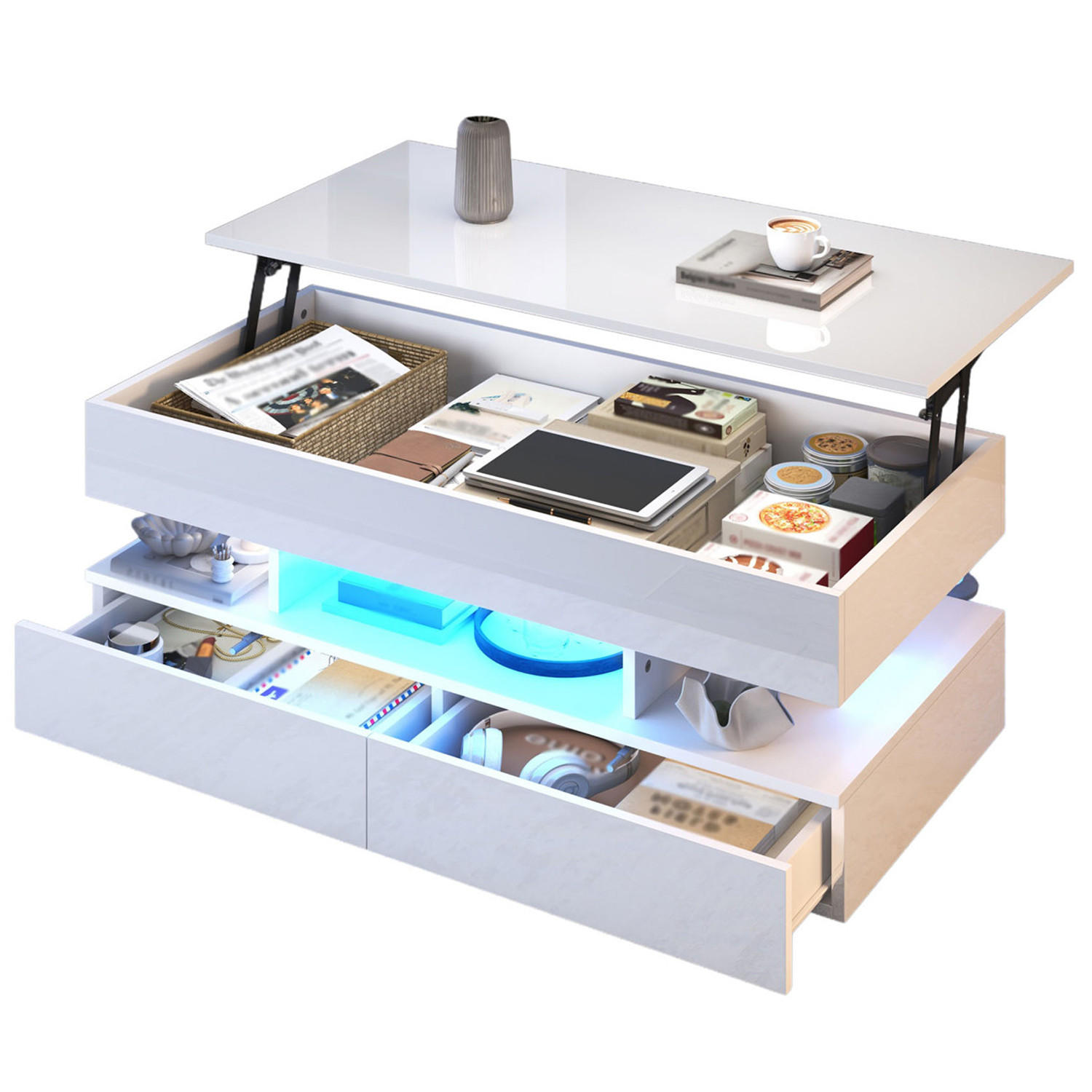 COUCHTISCH Lift-Top LED mit Stauraum 100 cm - Weiß, Holz (50/100/45cm) - Kaket