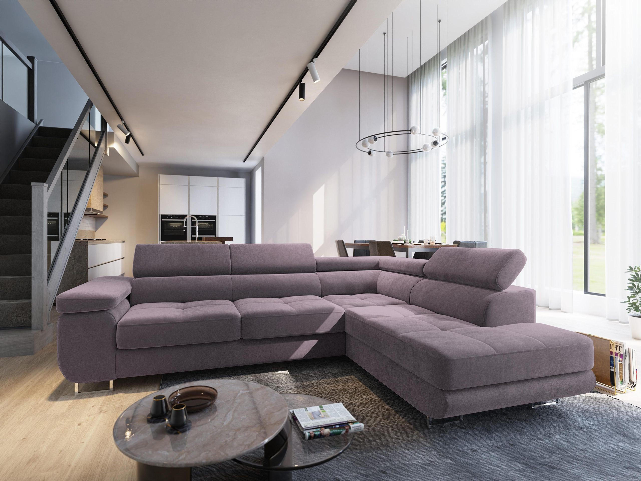 ECKSOFA SELVA R-S Lila Velours-Stoff mit Schlaffunktion - Lila, Holz (275/202cm) - MASSENO