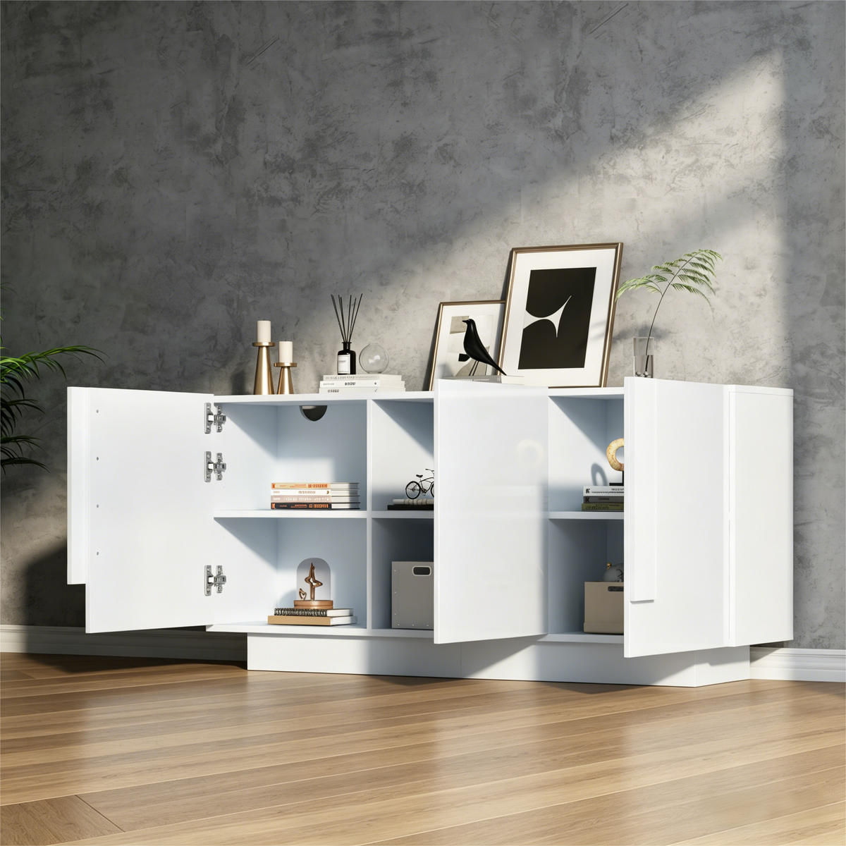 SIDEBOARD Weiß Hochglanz 3 Türen 6 Fächer 160cm Modern - Weiß, Holzwerkstoff (35/60/160cm) - FLIEKS