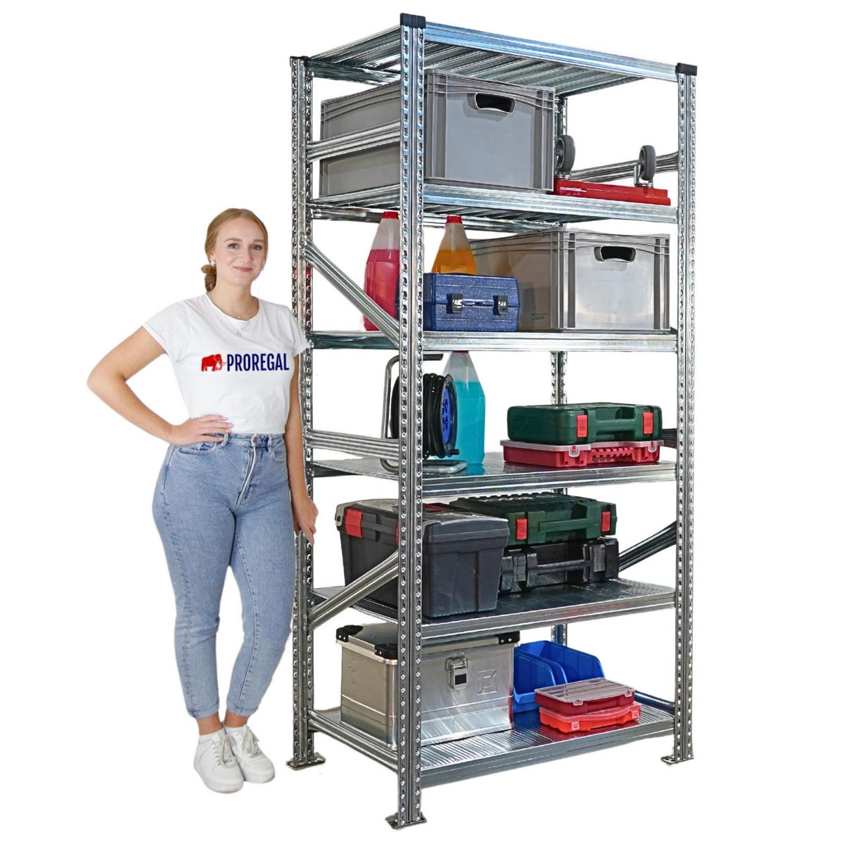 FACHBODENREGAL Proximo Stecksystem 210x450x60cm 6 Ebenen Beidseitig nutzbar Verzinkt - Silberfarben, Metall (450/210/60cm) - PROREGAL
