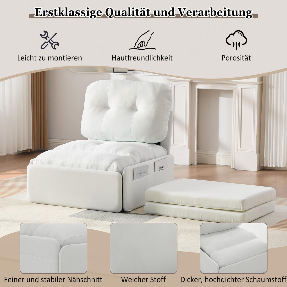 SCHLAFSOFA 92/81.5/90 cm Weiß mit Aufbewahrungstasche - Weiß, Textil (81.5/90/195cm) - Oxeza