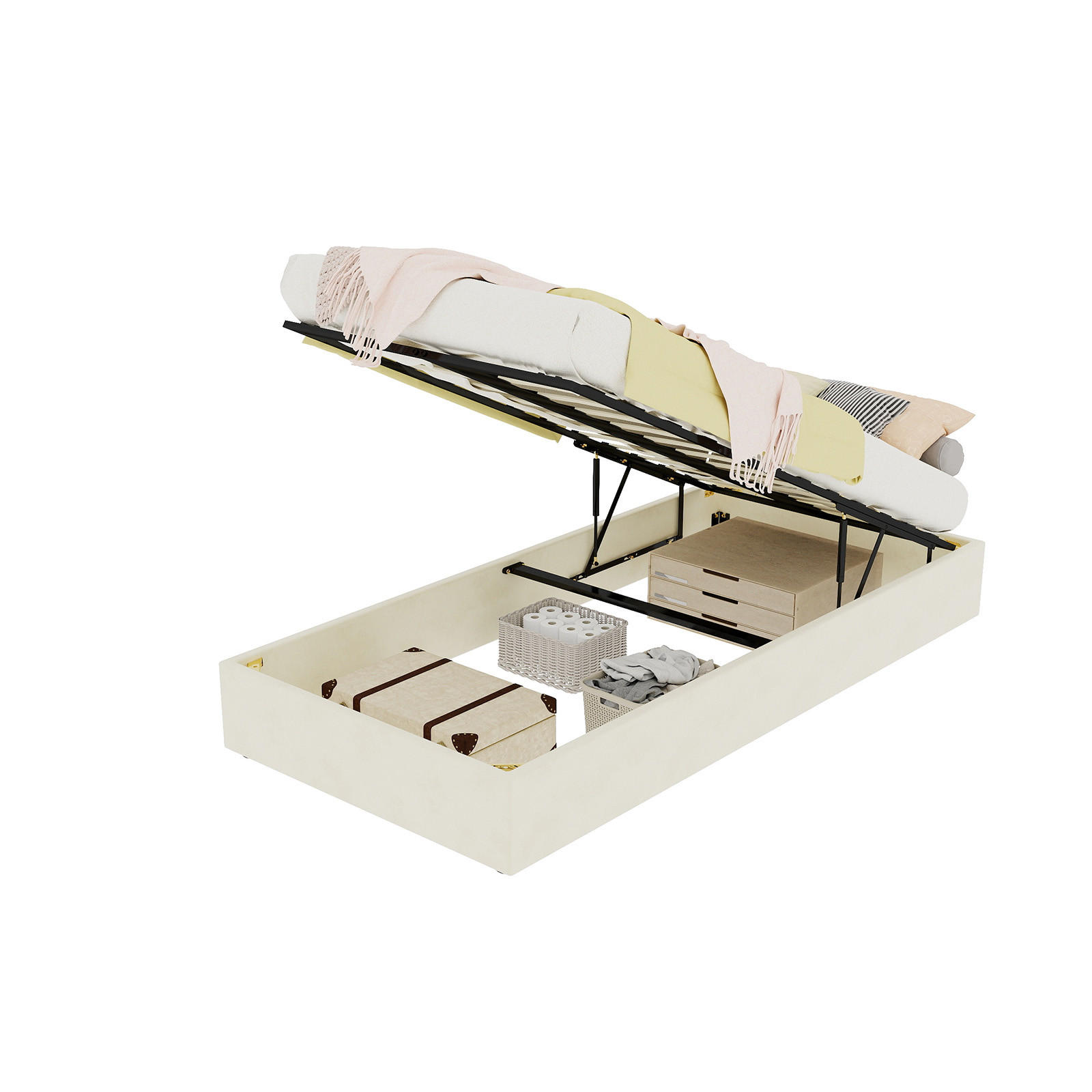 POLSTERBETT 90/200 cm in Beige mit Bettkasten, gepolstertem Kopfteil, Stoff und Metall - Beige, Holzwerkstoff/Textil (90/200cm) - STILVORA